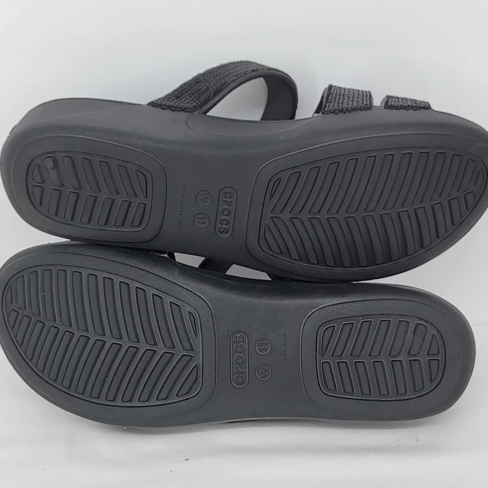 Crocs LiteRide Sequin Colorblock Wedge Sandals Womens 11 Black Strappy Slides